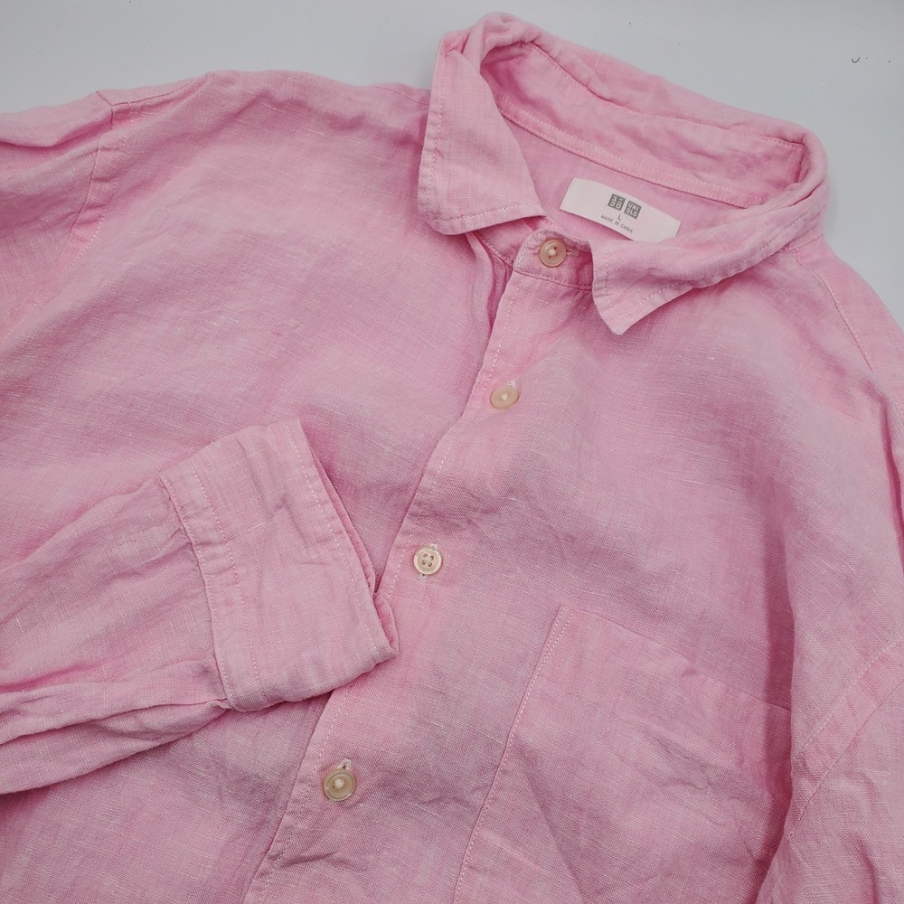Uniqlo Premium Linen Shirt Mens Large Pink Long Sleeve Button Down